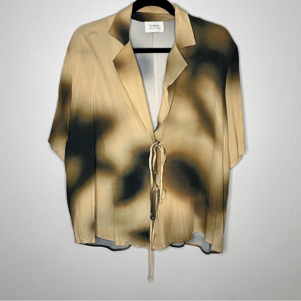 DISSH Henley Tie Front Shirt Beige Black Abstract Print US 6 - Picture 10 of 12